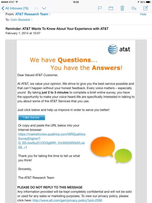 AT&T think they want to know what I think